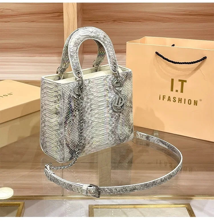 2024 New Luxury Snake Pattern Handbag Women's Fashionable Chain Shoulder Crossbody Bag True Leather Handbags