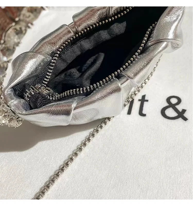 Luxury Circular Metal Handle Mini Bag Women Handbag Glitter Shiny Rhinestone Evening Bag Wedding Party Clutch Purse Shoulder Bag