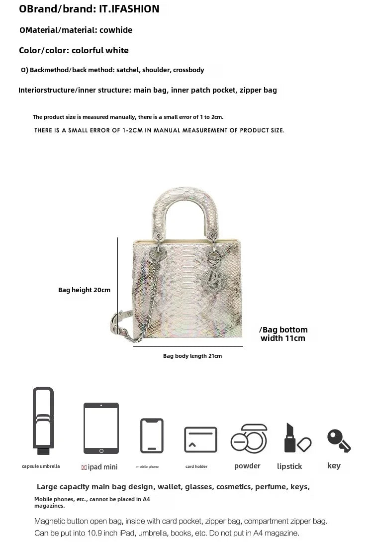 2024 New Luxury Snake Pattern Handbag Women's Fashionable Chain Shoulder Crossbody Bag True Leather Handbags