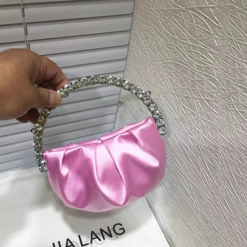 Luxury Circular Metal Handle Mini Bag Women Handbag Glitter Shiny Rhinestone Evening Bag Wedding Party Clutch Purse Shoulder Bag