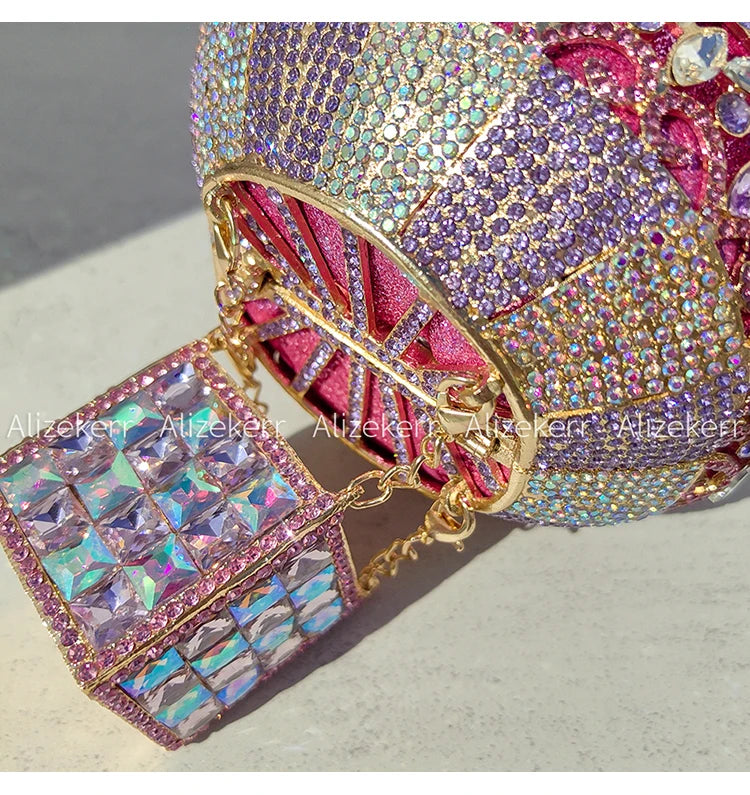 Alizekerr Hot Air Balloon Shaped Crystal Evening Bags Women Luxury Classy Unique Rhinestone Circular Clutch Purses Wedding Party