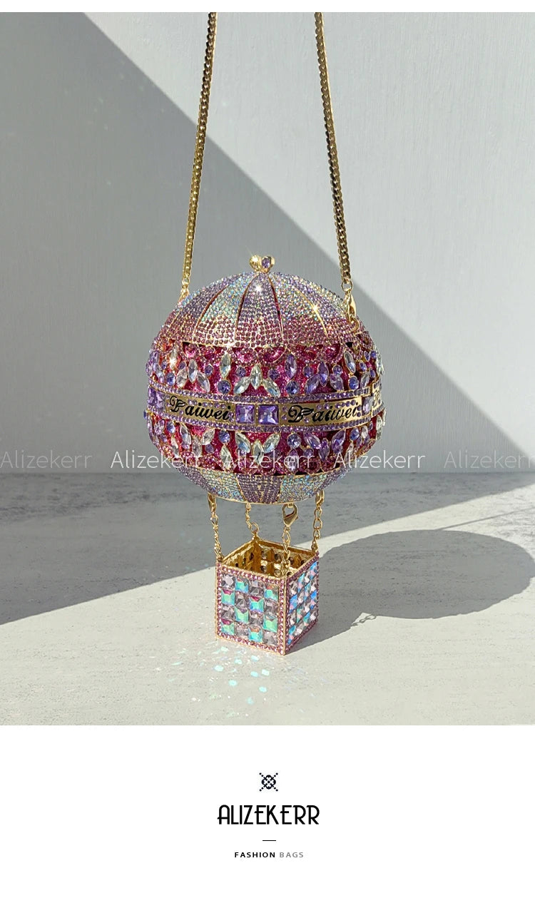 Alizekerr Hot Air Balloon Shaped Crystal Evening Bags Women Luxury Classy Unique Rhinestone Circular Clutch Purses Wedding Party