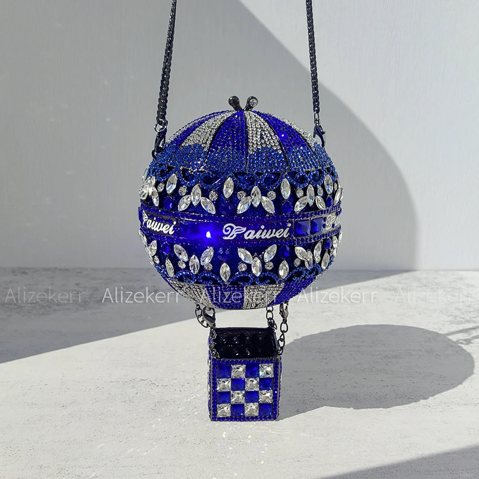 Alizekerr Hot Air Balloon Shaped Crystal Evening Bags Women Luxury Classy Unique Rhinestone Circular Clutch Purses Wedding Party
