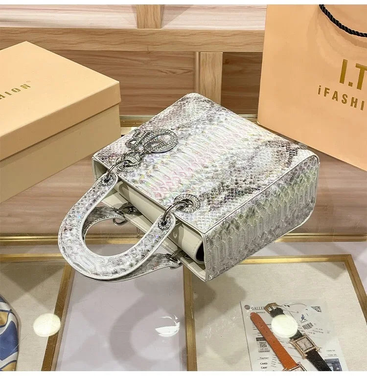 2024 New Luxury Snake Pattern Handbag Women's Fashionable Chain Shoulder Crossbody Bag True Leather Handbags