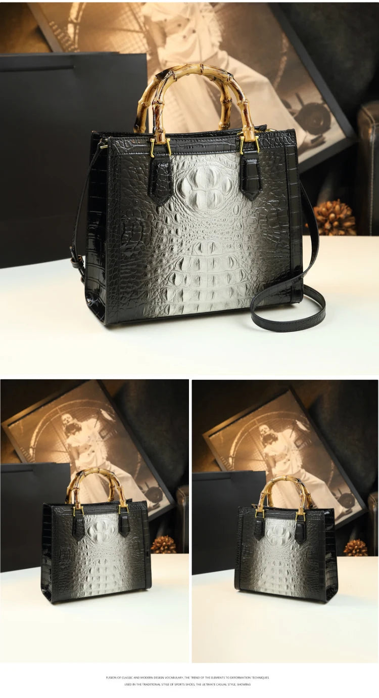 Brand Genuine Leather Real Bamboo Women's Bag Crocodile Pattern Handbag Portable Tote Bag Mom Tide Shoulder Messenger Bags