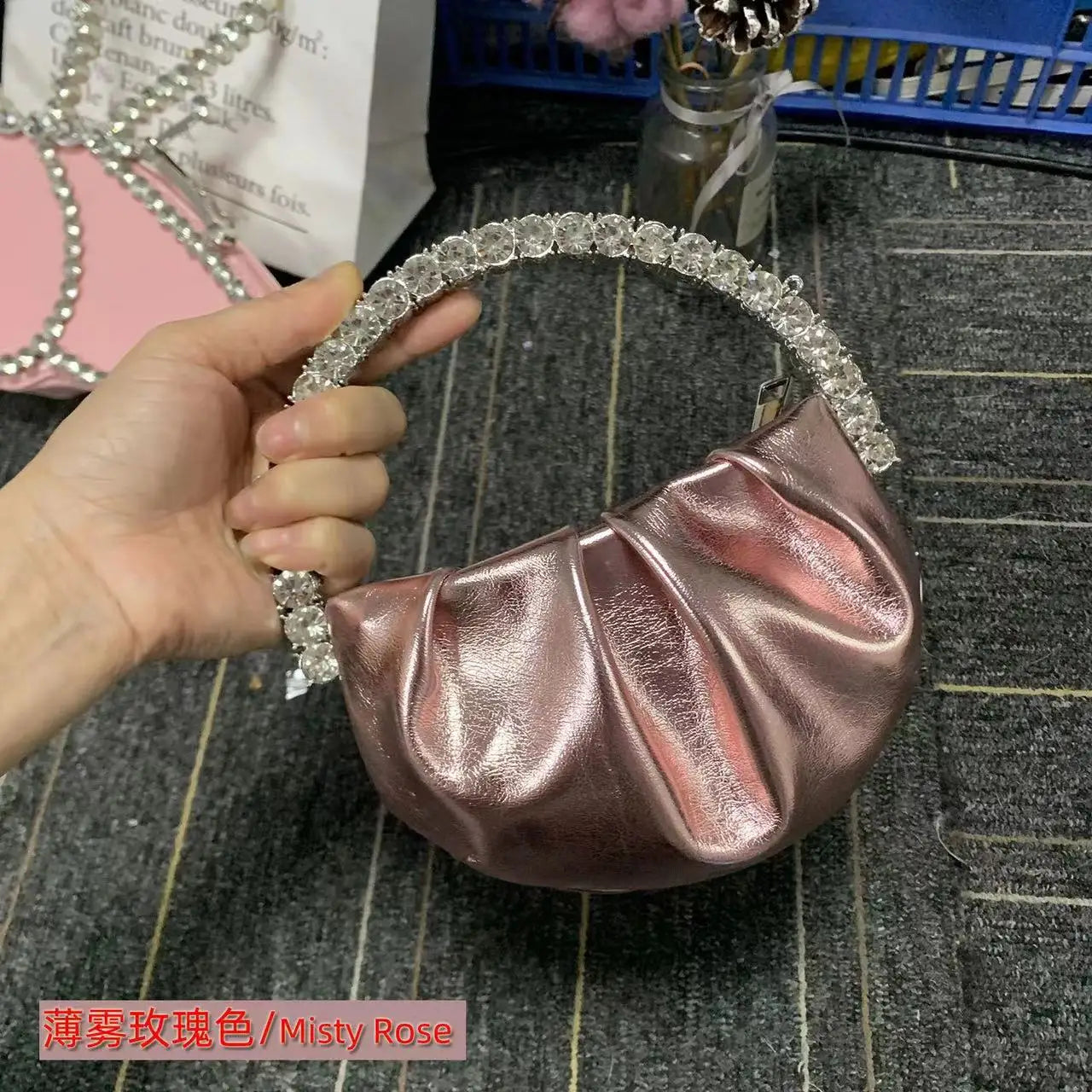 Luxury Circular Metal Handle Mini Bag Women Handbag Glitter Shiny Rhinestone Evening Bag Wedding Party Clutch Purse Shoulder Bag