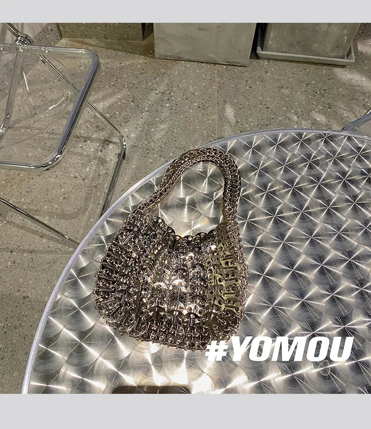 Women Bags Silver Metal Evening Bags Sequins Chain Woven Bag Hollow Clutch Purse Female Travel Holiday Shoulder Bag Handbag