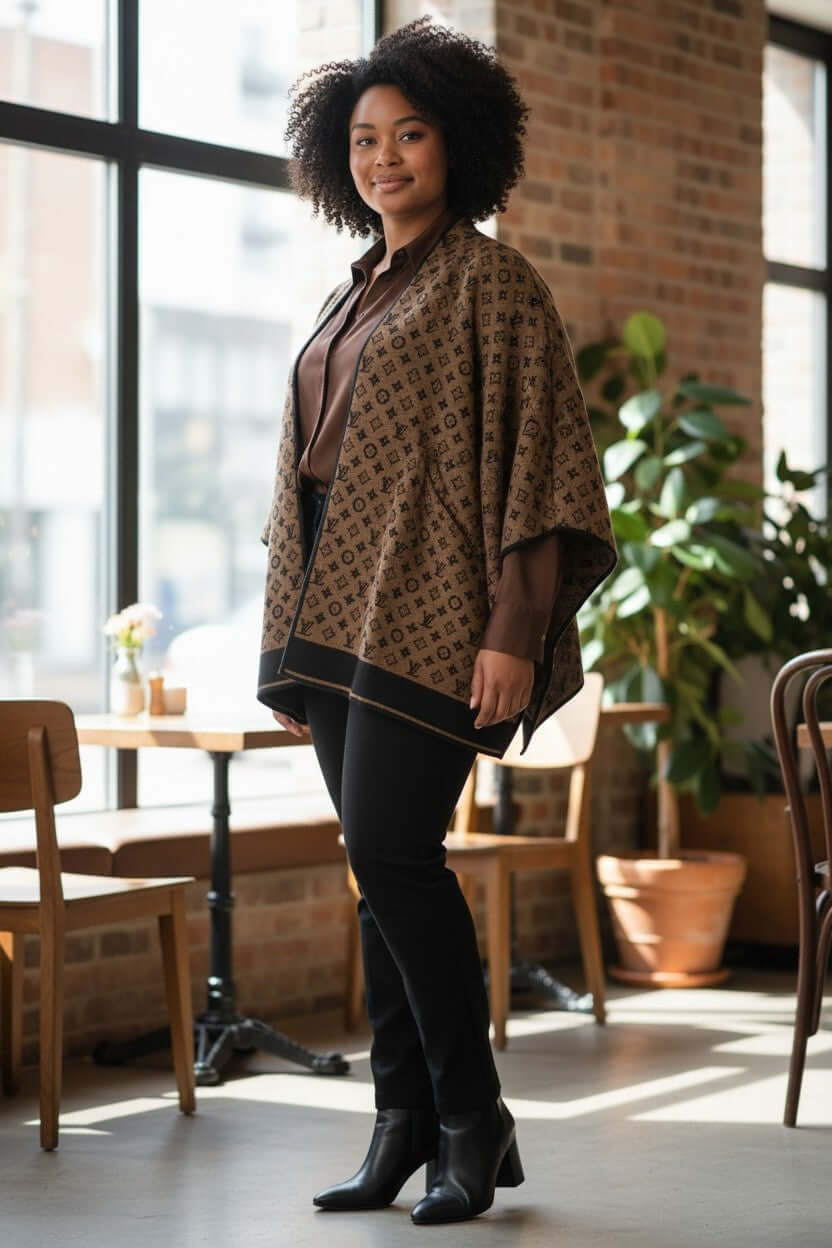 Cashmere Luxe Reversible Poncho – Noir Edition | 100% Cashmere Wrap | One-of-One Boutique Luxury worn with black pants.