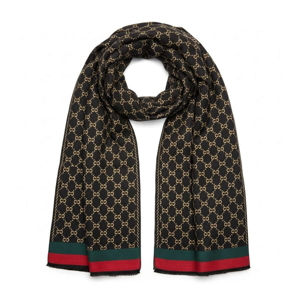 Legacy Luxe Royal Noir Accent Shawl with gold emblem detailing and red-green accent stripes.