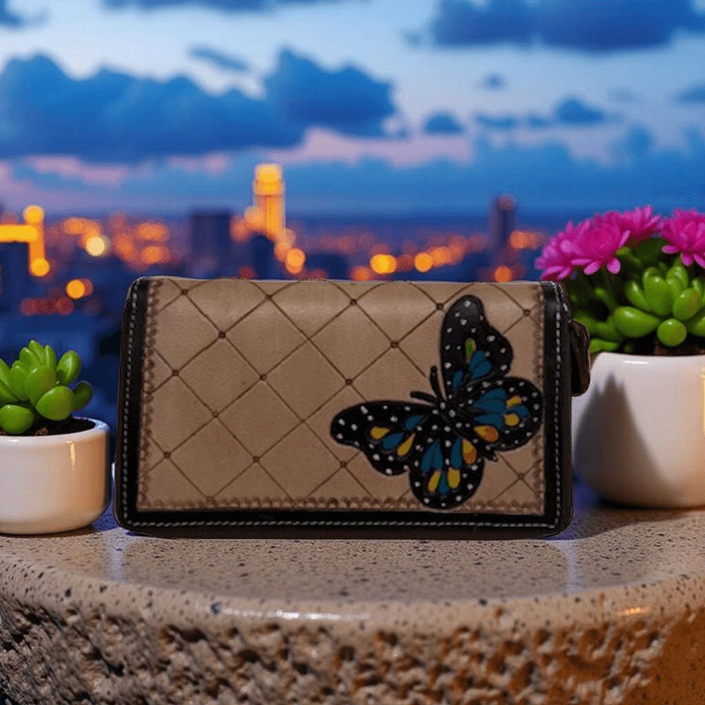 Custom Handmade Butterfly Wallet with quilted design and vibrant butterfly motif, set against a cityscape background.