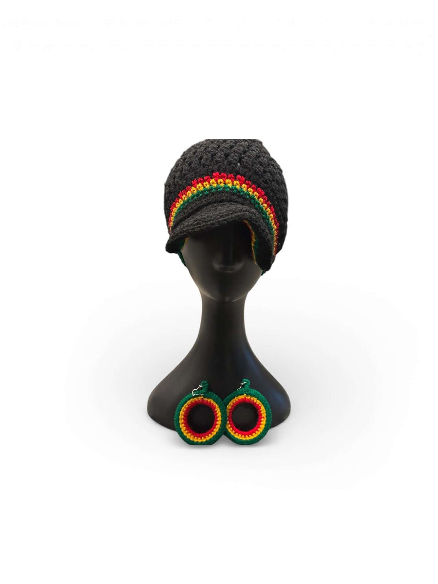 Handmade Red Gold & Green One of One- Heritage Stripe hat and earrings set on display.