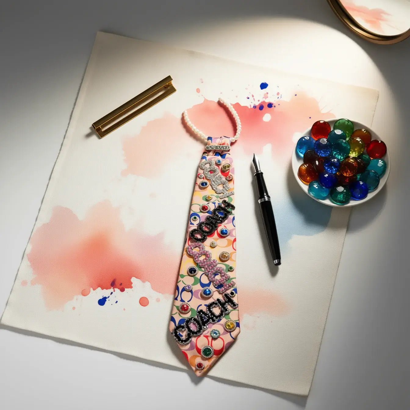Gem Royale Pink Couture Tie – Legacy Luxe Custom Handcrafted Tie on artistic background, featuring multicolor gems and unique details.