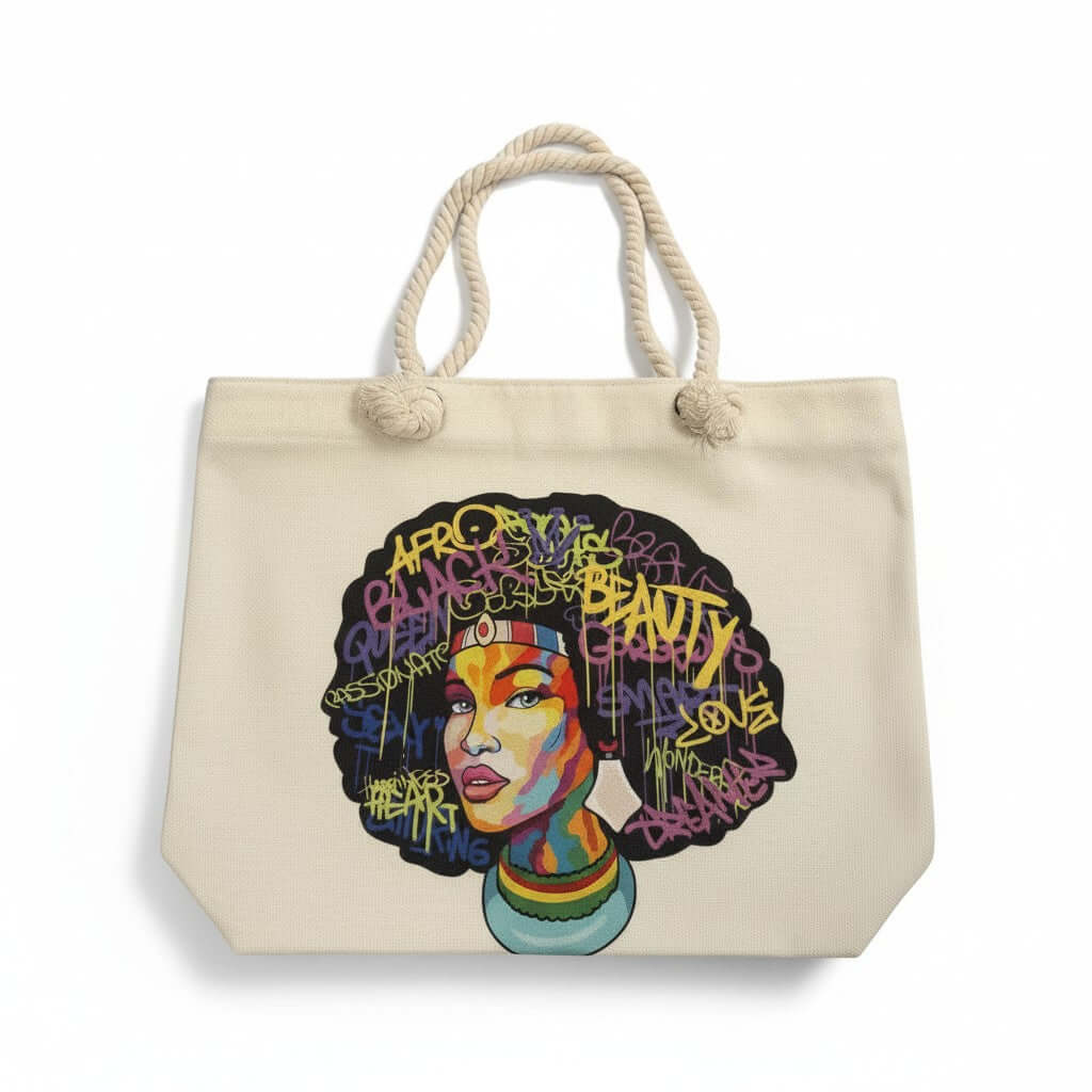 Sistah Girl Canvas Tote – Bold. Artistic. Unapologetically You. featuring vibrant art and stylish rope handles.