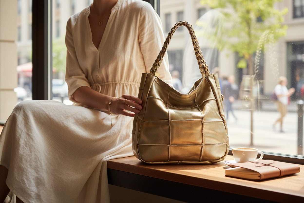 Gold Luxe Braided Tote – Premium Soft Leather Statement Bag