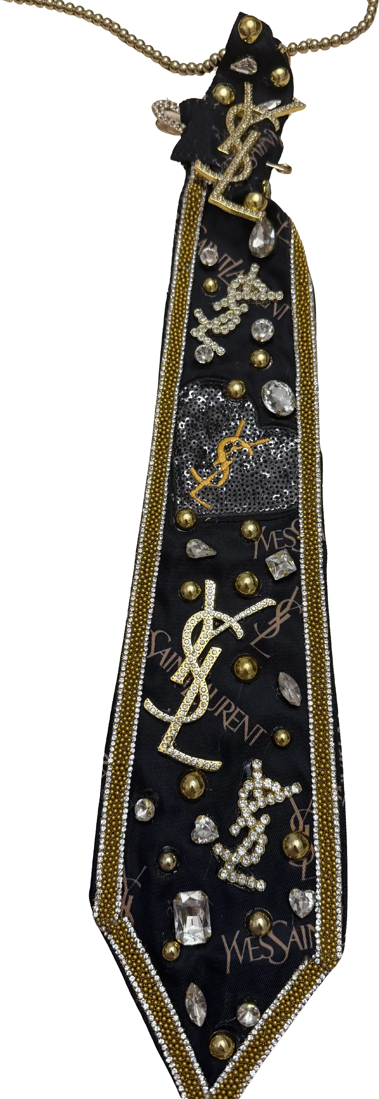 Legacy Luxe Couture Tie – Midnight Gold Crystal & Rhinestone Tie adorned with rhinestones and gold accents.