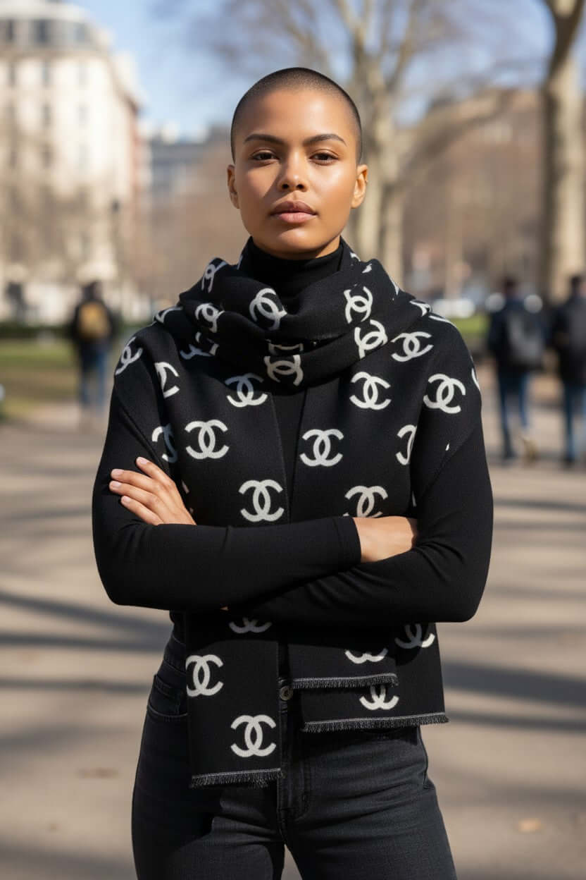 Woman wearing Signature Elegance Wrap with bold emblem pattern, exuding chic sophistication in urban setting.