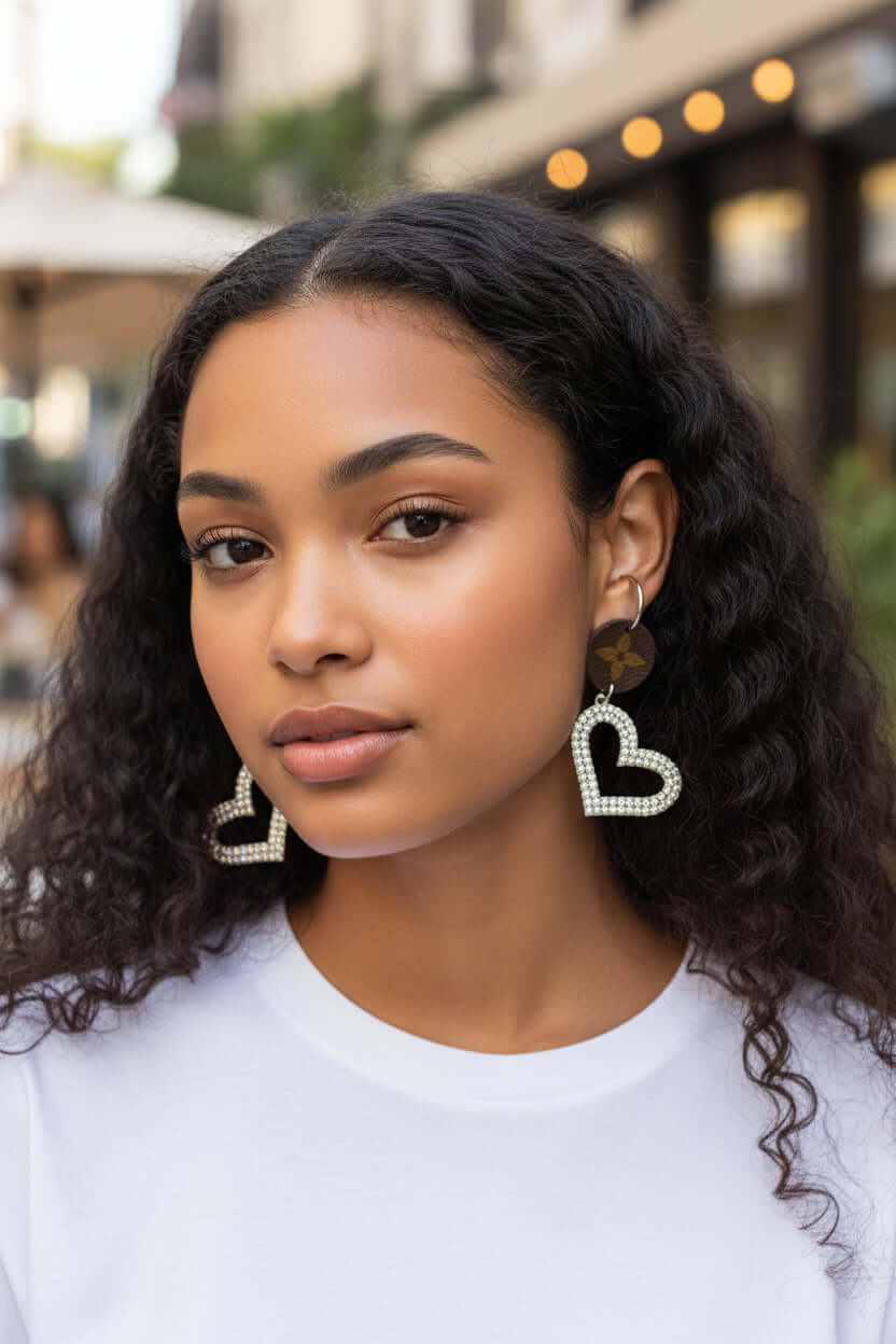 Model showcasing Crystal Heart Drop Earrings with diamond-studded crystal accents on a city street.
