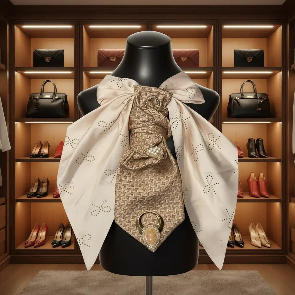 Cameo Couture Tie | Elegant Women’s Statement Accessory displayed elegantly on a mannequin in a luxurious closet.