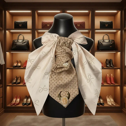 Cameo Couture Tie | Elegant Women’s Statement Accessory displayed elegantly on a mannequin in a luxurious closet.