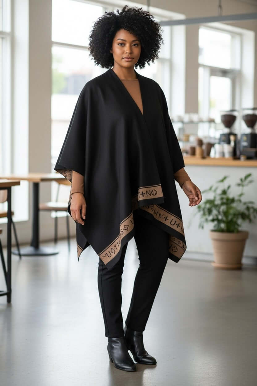 Cashmere Luxe Reversible Poncho – Noir Edition | 100% Cashmere Wrap | One-of-One Boutique Luxury worn by a model in a café.
