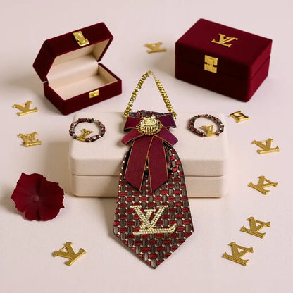 Bordeaux Regal Luxe Tie & Earring Set displayed with luxury packaging and elegant accessories.