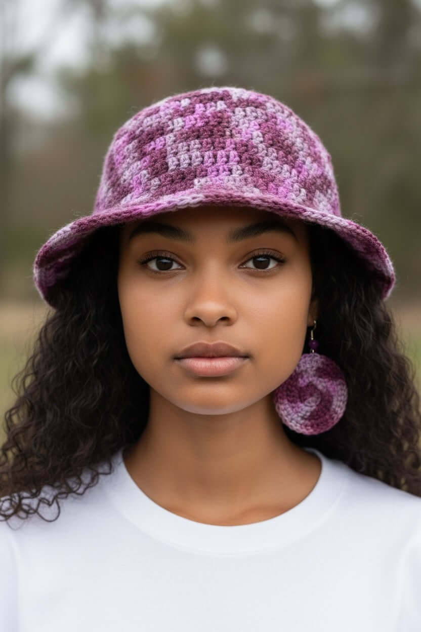Signature Texture Crown Set -Plum Mosaic Heirloom – Handcrafted Statement Duo featuring a knit bucket hat and earrings.