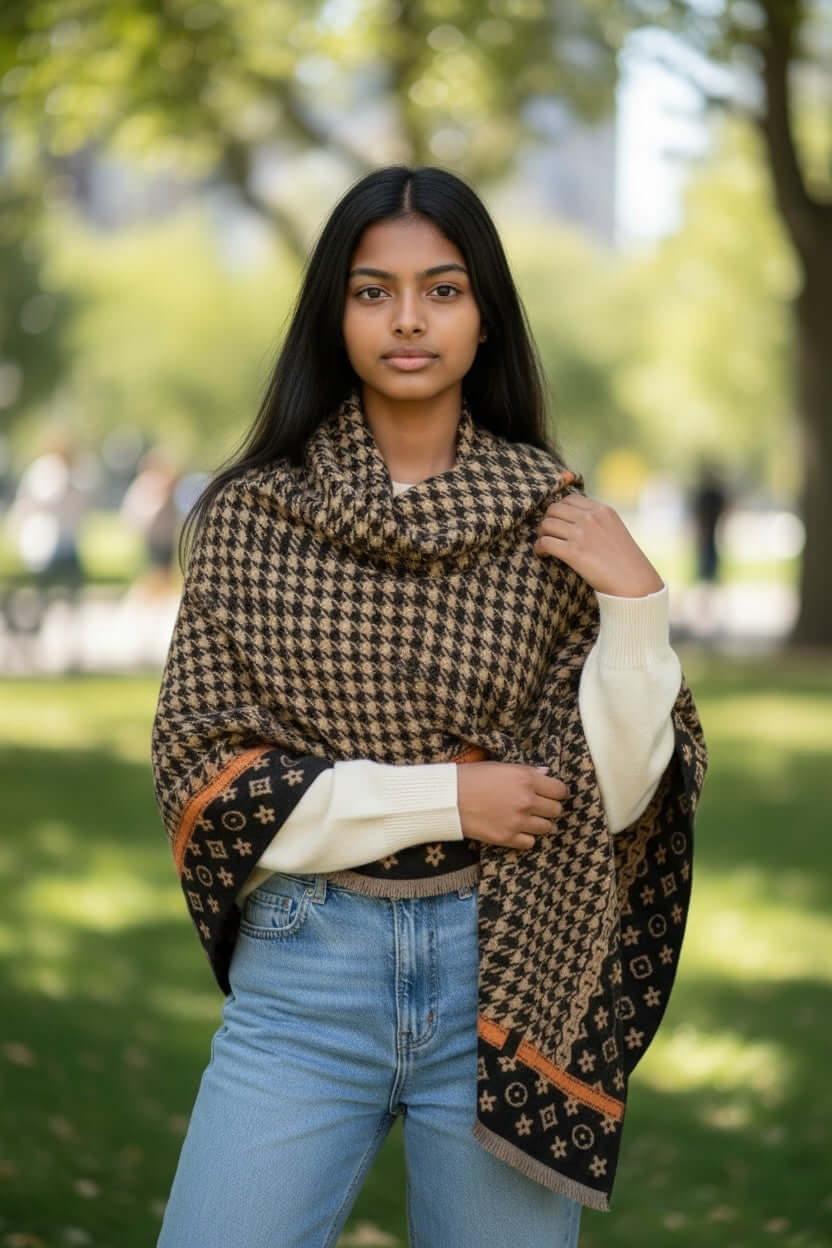 Model wearing Legacy Luxe Autumn Houndstooth Heritage Wrap in a park setting, showcasing its elegant design and warm texture.