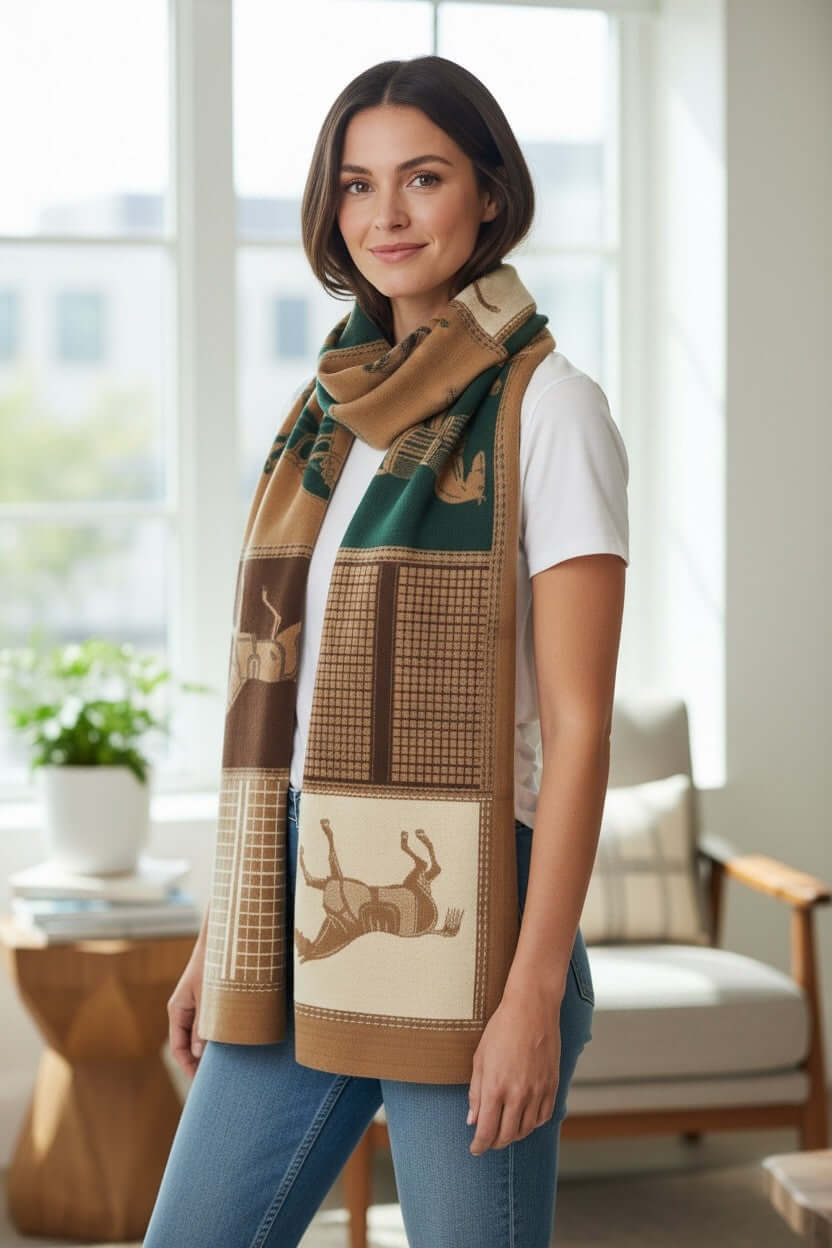 A model showcasing the Legacy Luxe Savannah Noir Safari Wrap, featuring safari prints and elegant colors.