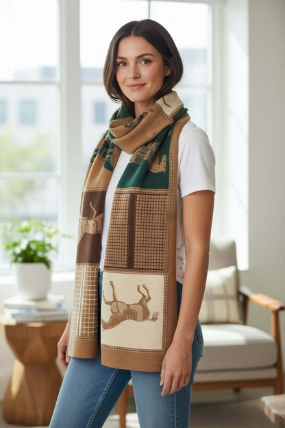 A model showcasing the Legacy Luxe Savannah Noir Safari Wrap, featuring safari prints and elegant colors.