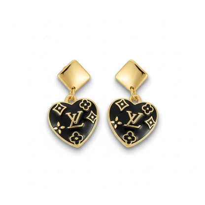 Noir Monogram Heart Drop Earrings (Upcycled • One of One) in black enamel with gold-tone details.