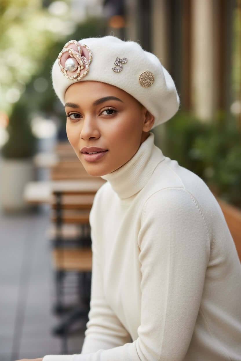 Legacy Luxe Paris Pearl Elegance Beret styled elegantly on a model with a soft turtleneck in an outdoor café setting.