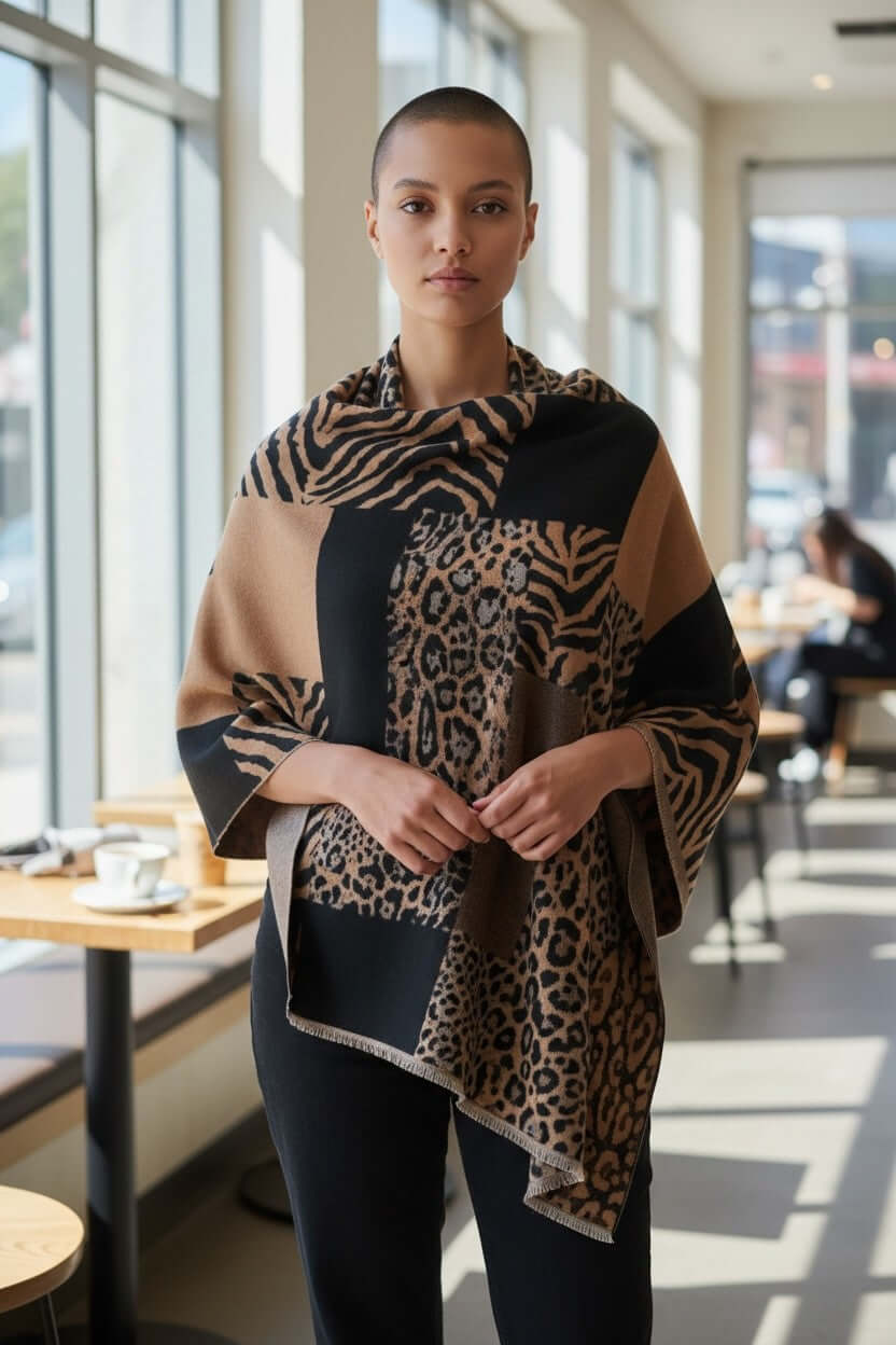 Legacy Luxe Wild Harmony Shawl – Animal Print Wrap with Cashmere-Like Feel displayed in a stylish cafe.