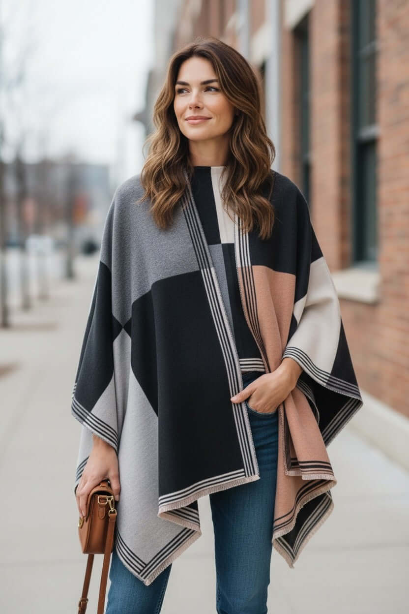 Model wearing the Monarch Colorblock Luxe Shawl Wrap – Soft Cashmere-Feel Poncho, showcasing its neutral colors and stylish design.