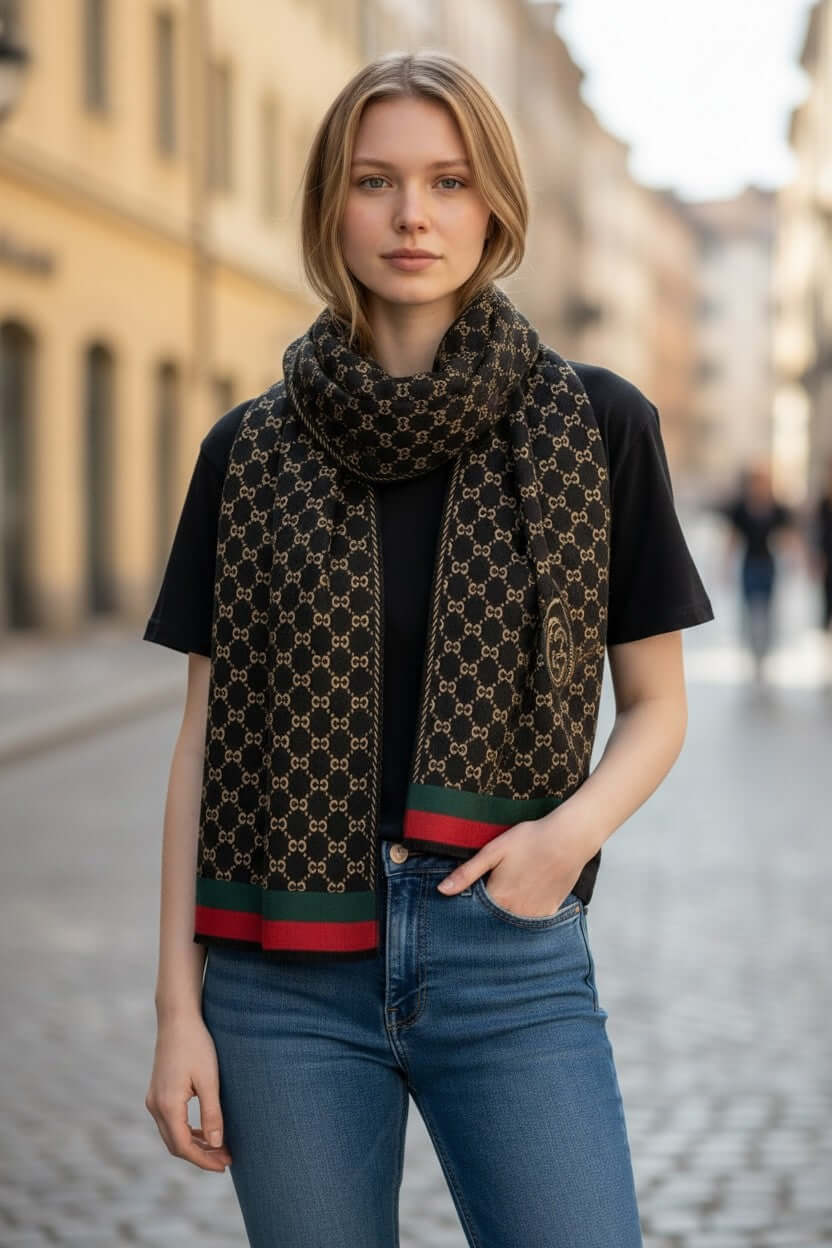 Legacy Luxe Royal Noir Accent Shawl draped stylishly, showcasing gold emblem details and bold red-green stripes.