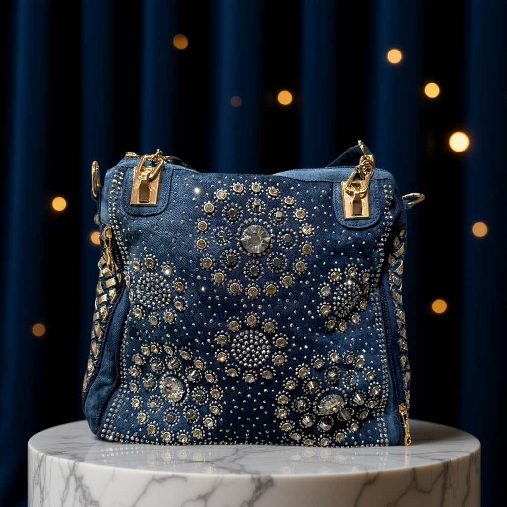 Midnight Chic Crystal Tote – Luxury Embellished Denim Bag