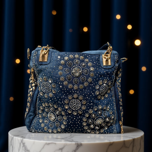 Midnight Chic Crystal Tote – Luxury Embellished Denim Bag