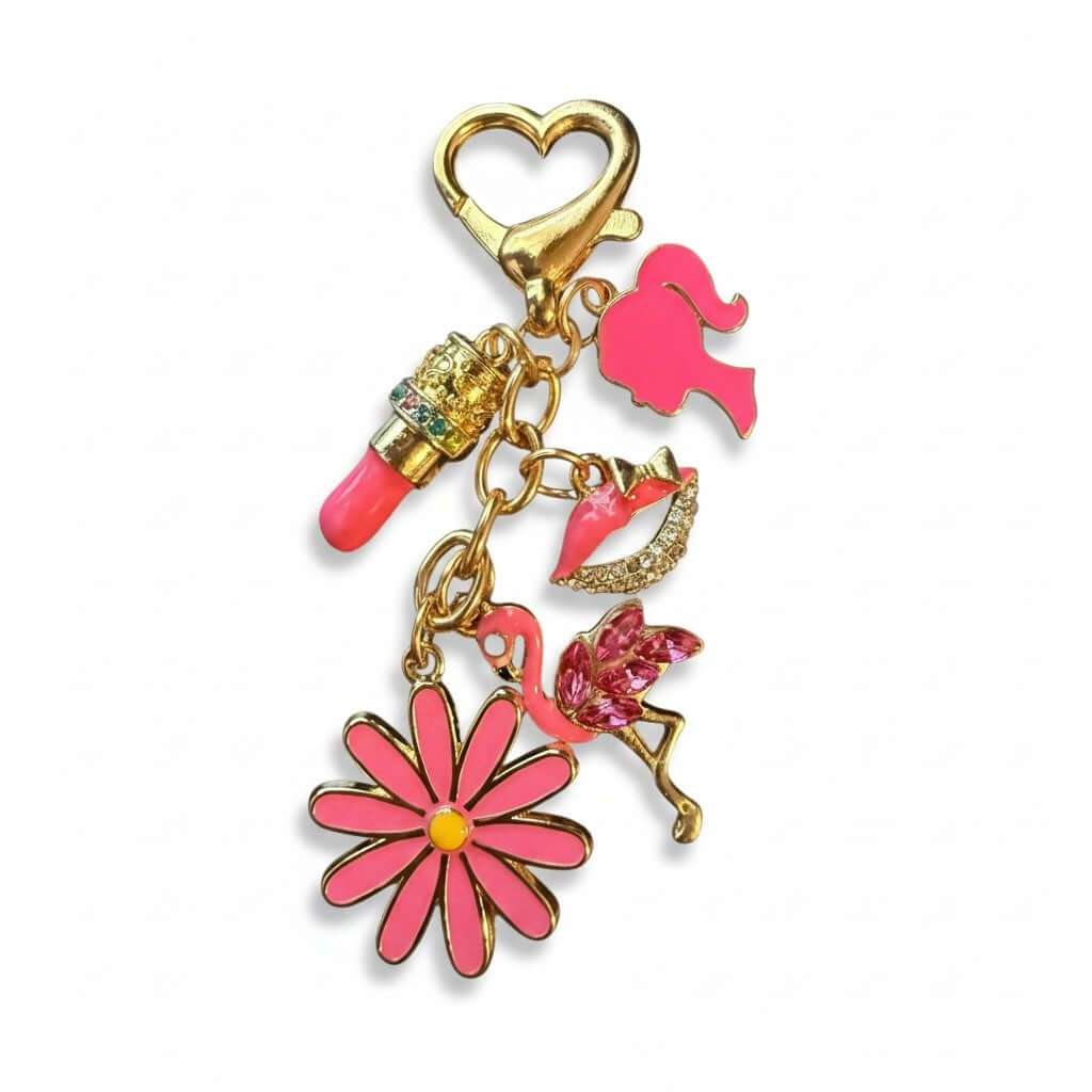 Legacy Pink Paradise Charm featuring a daisy, flamingo, lipstick, and lips for stylish handbag accessories.