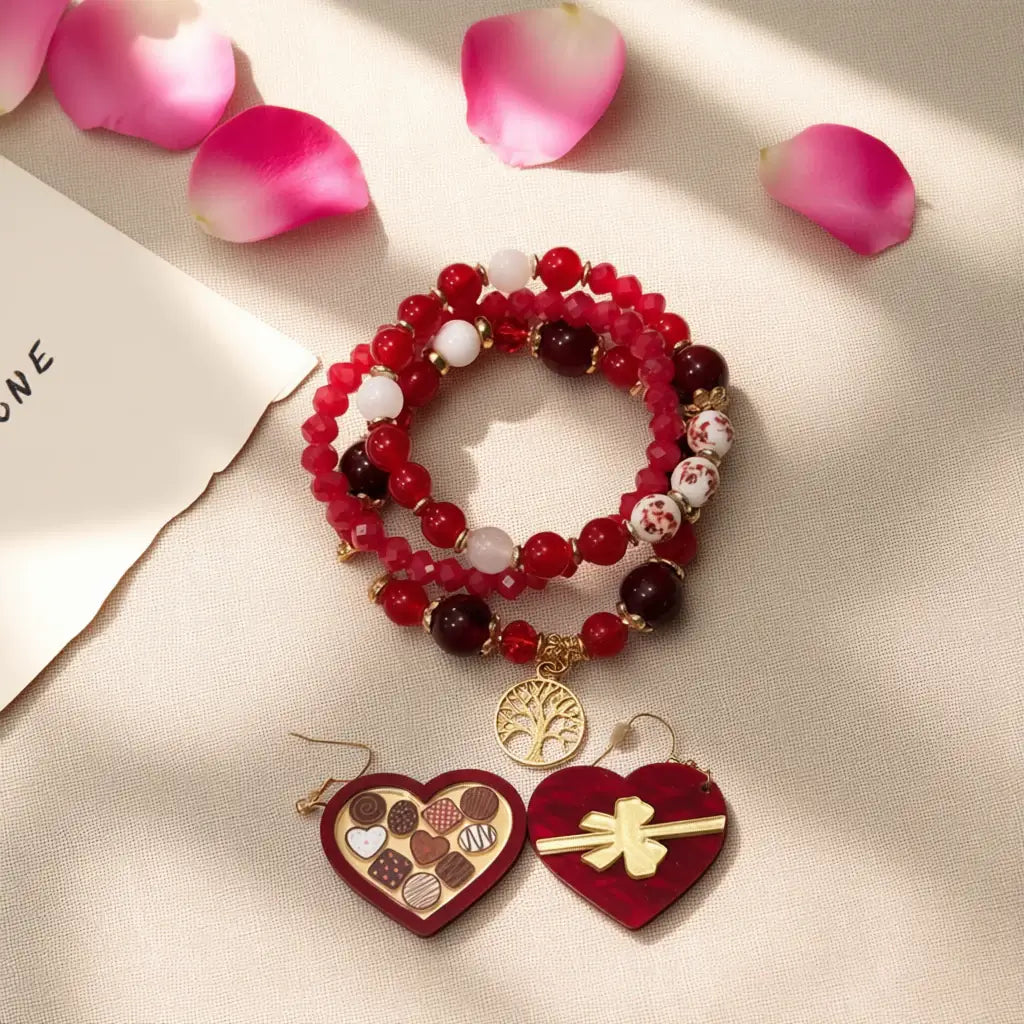 Crimson Heirloom Heart Jewelry Set – One of One featuring handmade bracelets and heart earrings.