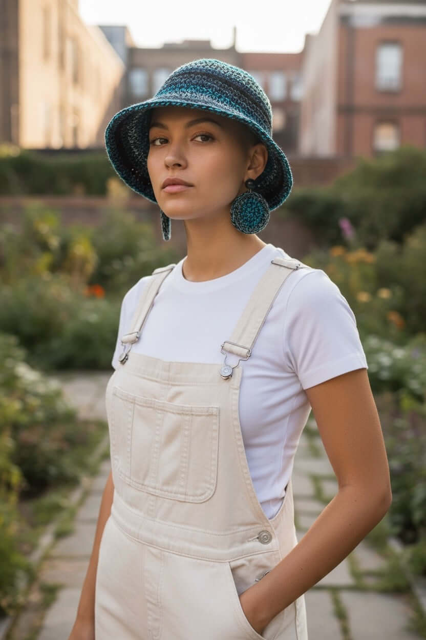 Signature Texture Crown Set – Artisan Statement Accessory featuring a handcrafted bucket hat and coordinating earrings in a garden setting.