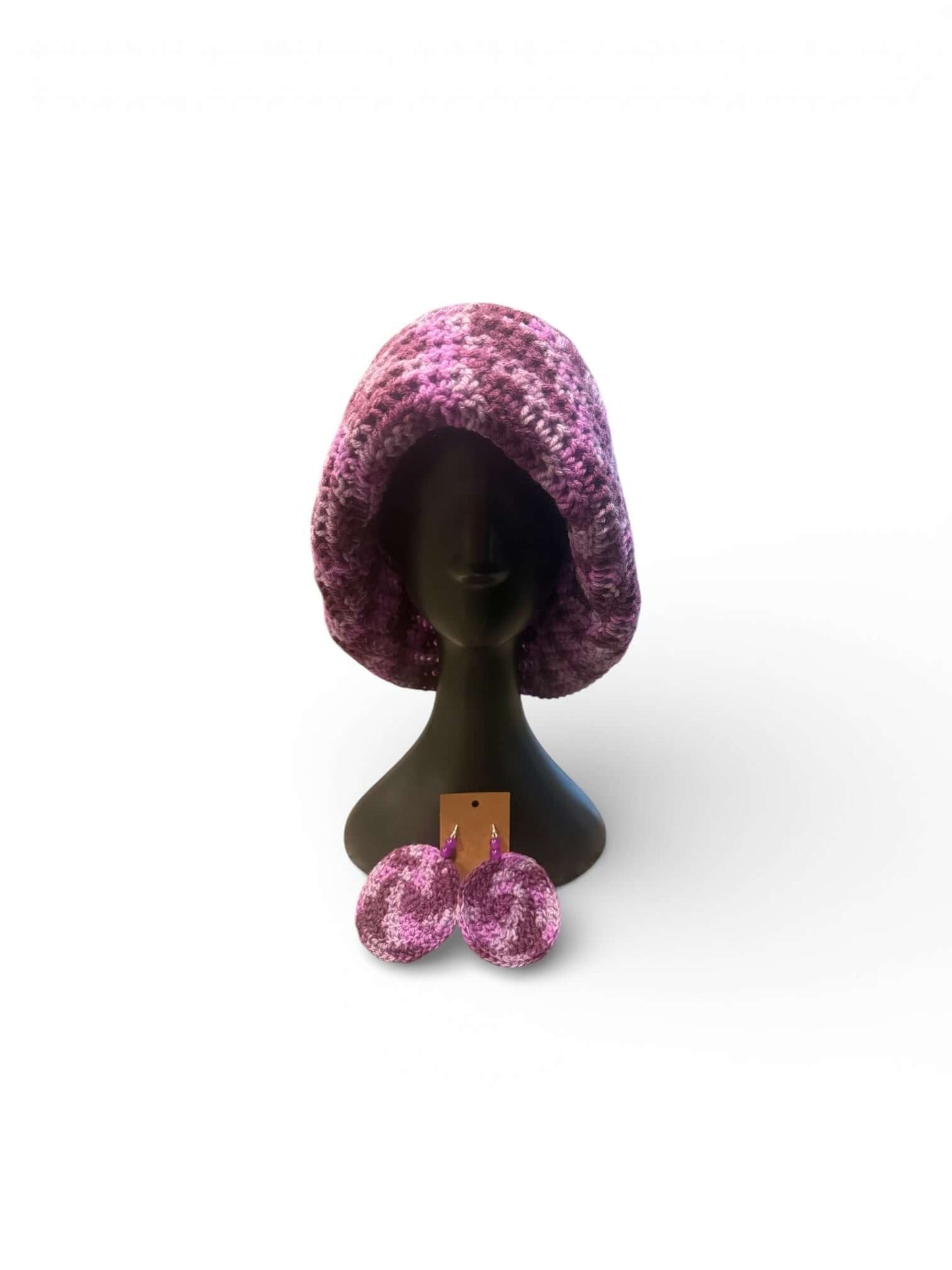 Signature Texture Crown Set -Plum Mosaic Heirloom – Handcrafted Statement Duo featuring a crochet bucket hat and earrings.