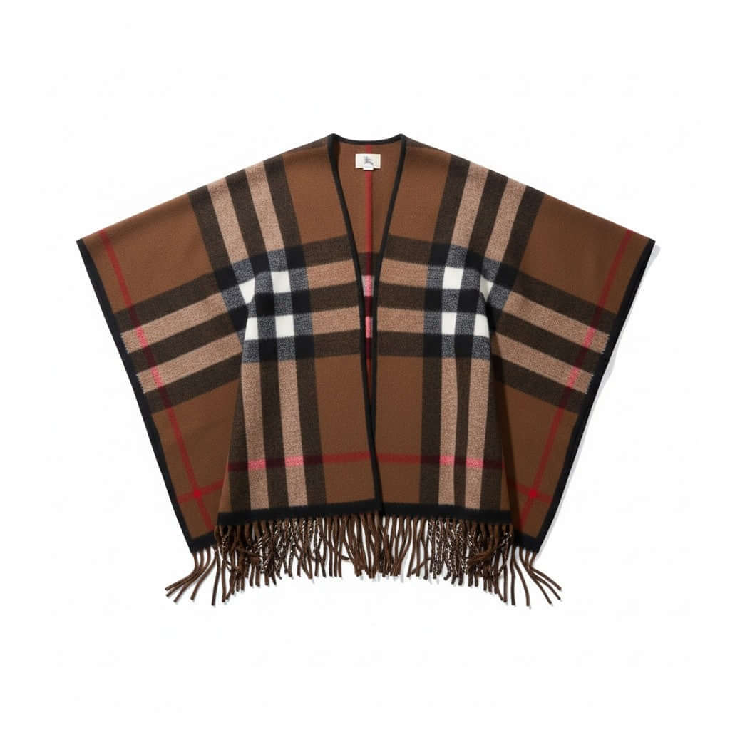 Heritage Plaid Luxe Poncho Shawl – One Size Cozy Fringe Wrap with soft woven feel and classic fringe hem.
