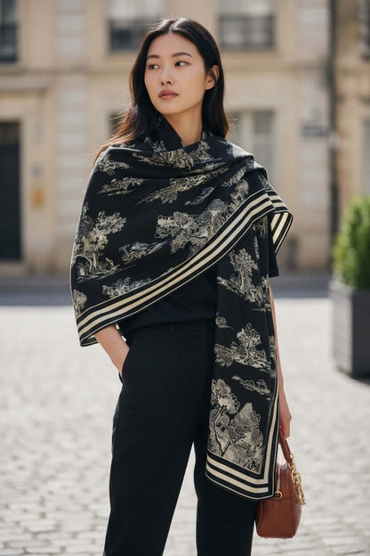 Parisian Midnight Toile Wrap – Luxury Cashmere-Like Legacy Luxe Shawl draped stylishly over an outfit on a city street.
