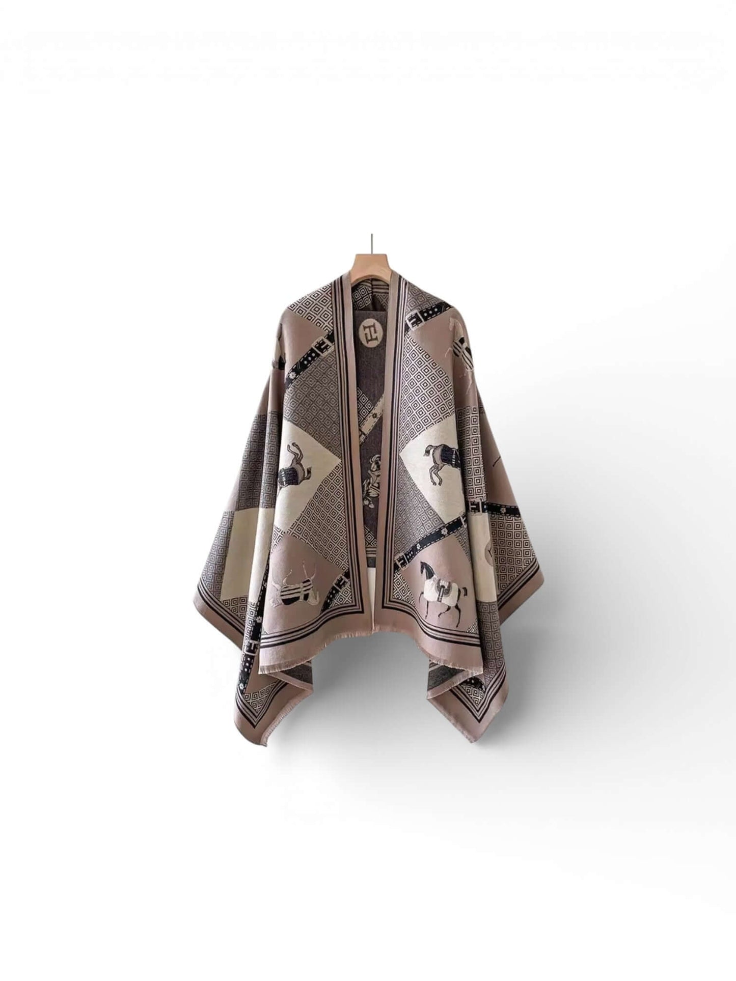 Equestrian Heritage Luxe Shawl – Cashmere-Feel Oversized Statement Wrap featuring equestrian motifs in refined heritage tones.