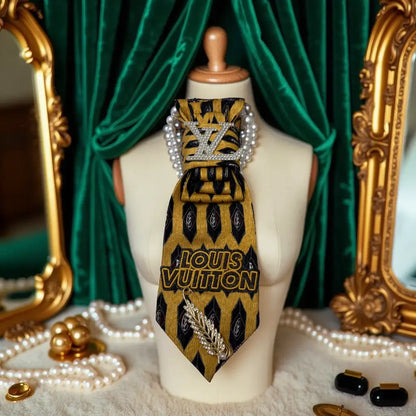 Legacy Luxe Royal Crest Gold Tie – Exclusive Handmade Statement Tie displayed elegantly on a dress form with pearl accents.