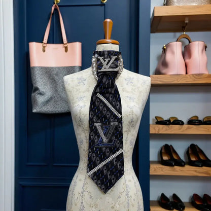Legacy Luxe Noir Monarch Tie displayed on a mannequin with stylish accessories in the background.