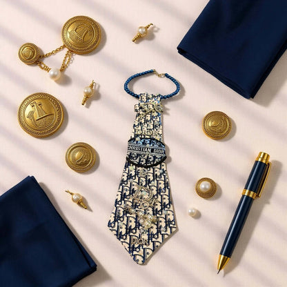 Navy Royale Signature Tie displayed with elegant accessories and navy fabric, showcasing its unique design and luxury details.