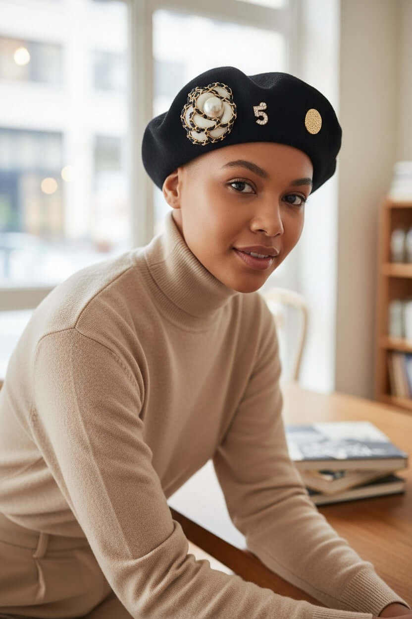 A model wearing the Legacy Luxe Paris Pearl Elegance Beret with oversized pearl rosette brooch and a turtleneck sweater.