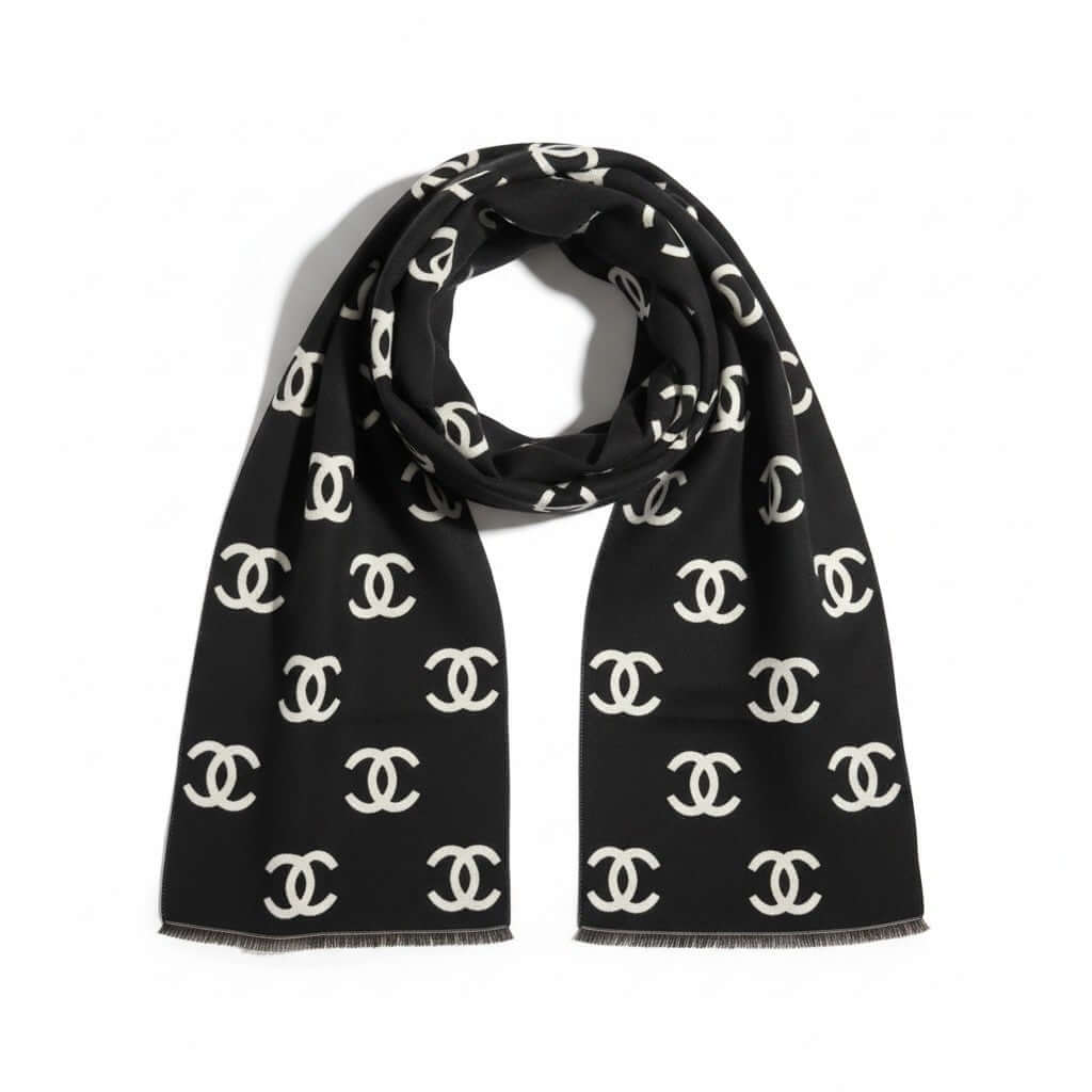 Chic black scarf with emblem pattern, showcasing luxurious style and sophistication.