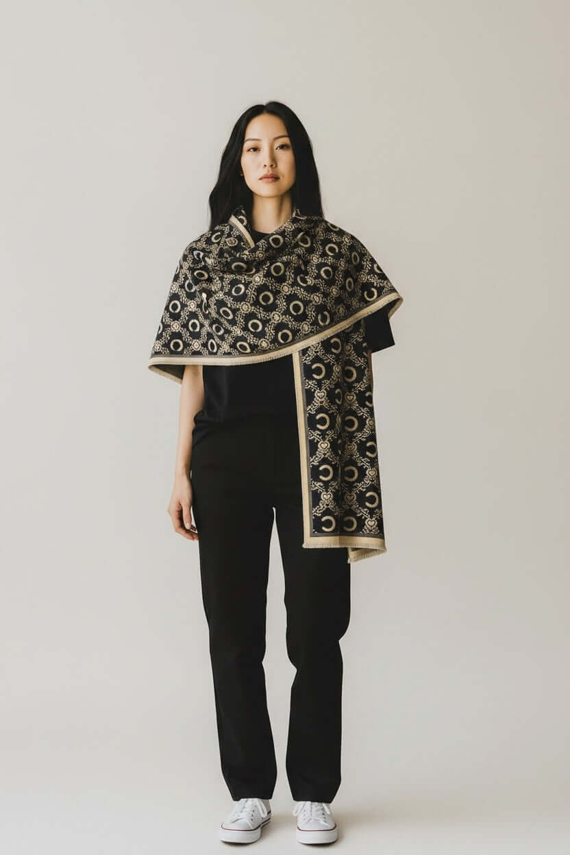 Model wearing the Royal Heritage Emblem Wrap shawl showcasing a heritage-inspired design and elegant style.