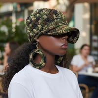 Model wearing the Signature Texture Crown Set -Heritage Camo (Limited Handcrafted Run) with handcrafted cap and earrings.